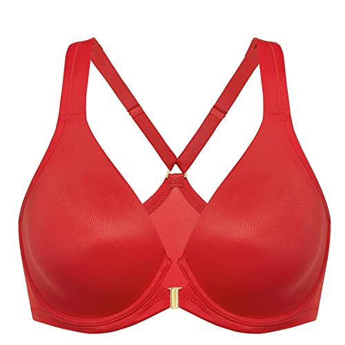 DELIMIRA Damen Vorderverschluss Racerback BH Grosse Grössen Bügel BHS Tiefer Ausschnitt Ungefüttert Vollschalen Lippenstift Rot 100G von DELIMIRA