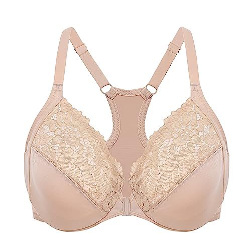 DELIMIRA Damen Vorderverschluss Spitzen BH Racerback Grosse Grössen Ungefüttert BHS mit Bügel Vollschalen Tiefer Ausschnitt Beige 85E von DELIMIRA