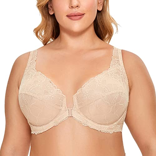 DELIMIRA Damen Vorderverschluss Vollschalen Bügel BH Durchsichtig Ohne Polster Beige 85D von DELIMIRA