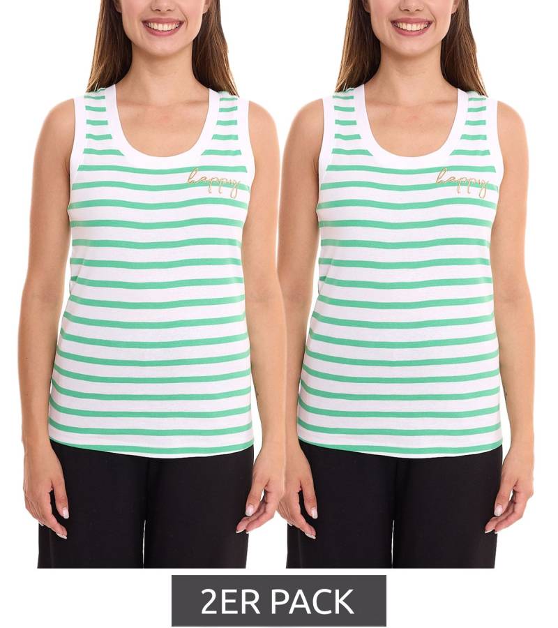 2er Pack DELAMO Striped Tanktop enganliegendes Damen Baumwoll-Shirt mit Stickerei im Sparpack 24025421 Grün/Weiß von DELMAO