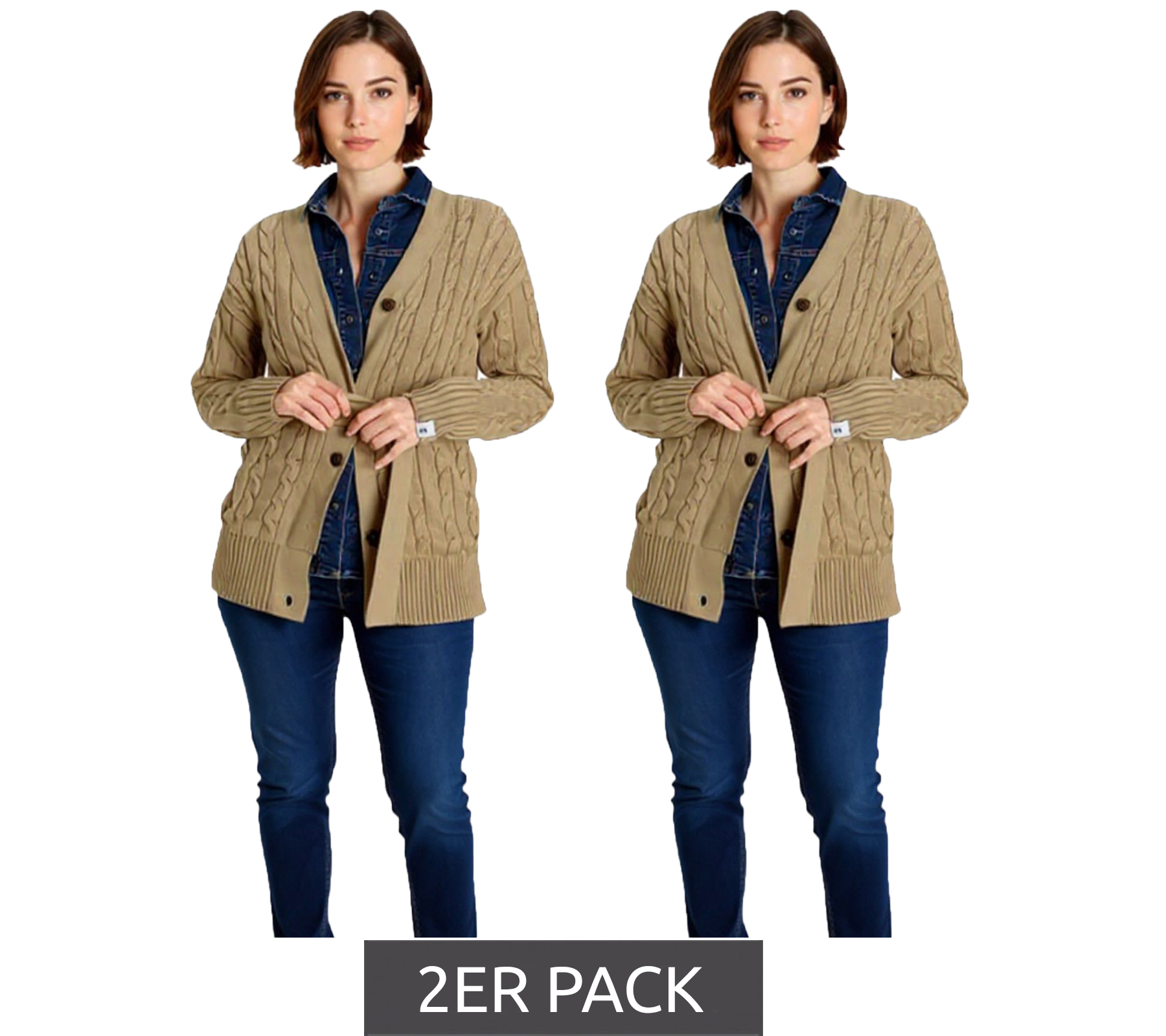 2er Sparpack DELMAO Damen Strick-Jacke zeitlose Jacke mit Zopfstrickmuster und Bindeband 82380451 Dunkelbeige von DELMAO