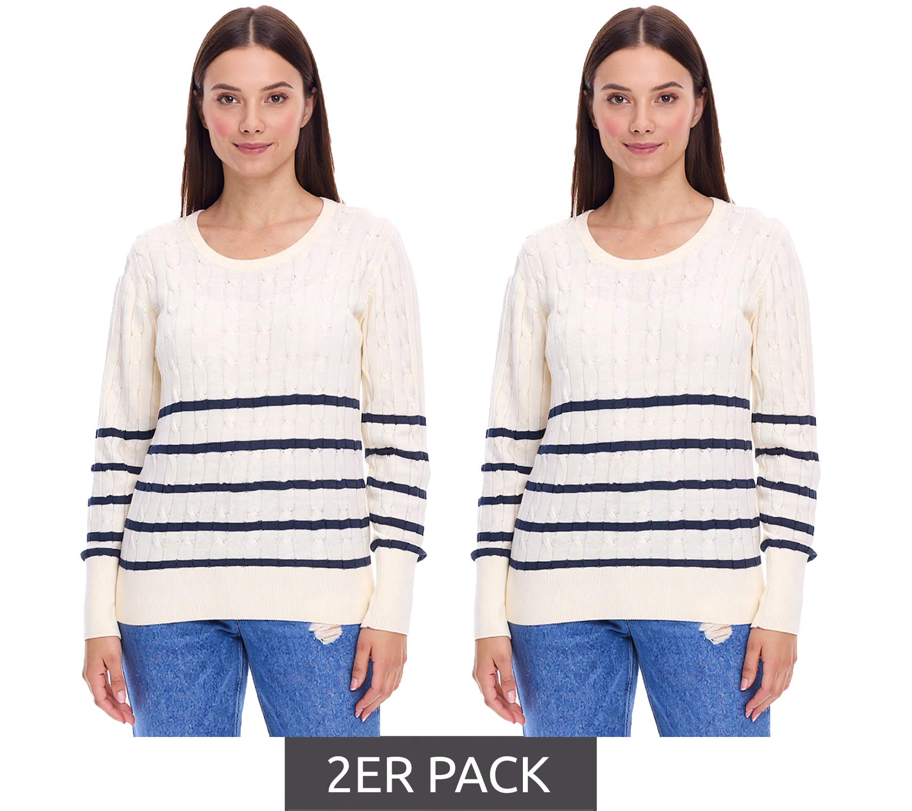 2er Sparpack DELMAO Damen Strick-Pullover gestreifter Baumwoll-Pulli Zopfstrick 94622740 Wollweiß/Navy 2er Sparpack DELMAO Damen Strick-Pullover gestreifter Baumwoll-Pulli Zopfstrick 94622740 Wollweiß/Navy von DELMAO