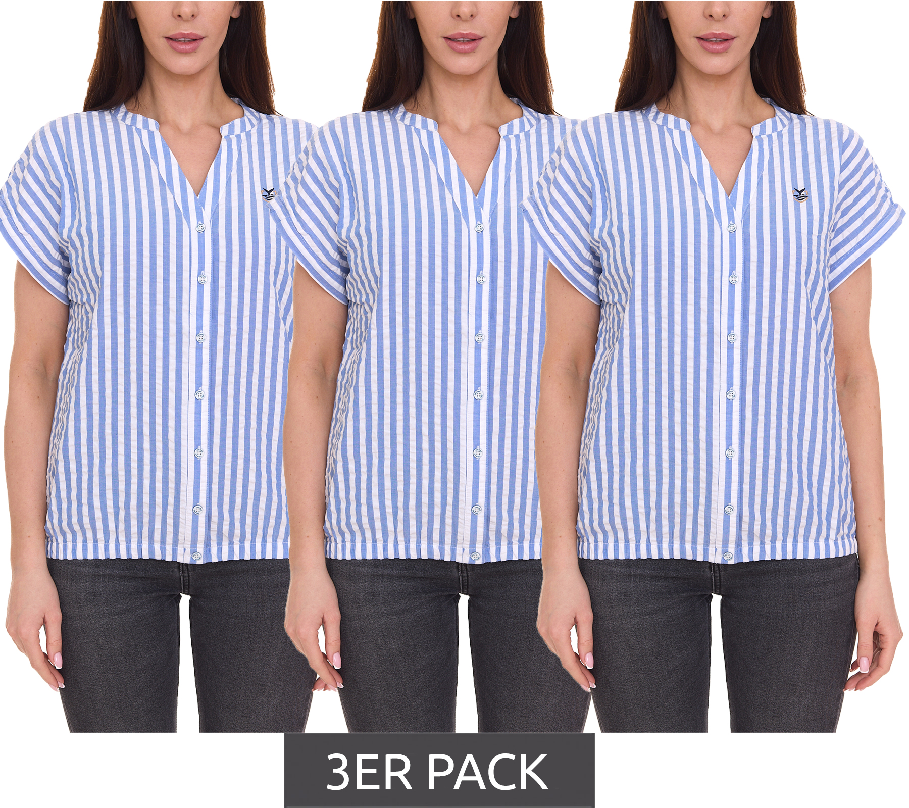 3er Pack DELMAO Damen Sommer-Bluse gestreift Kurzarm-Bluse Sommer-Shirt 64287360 Blau/Weiß von DELMAO