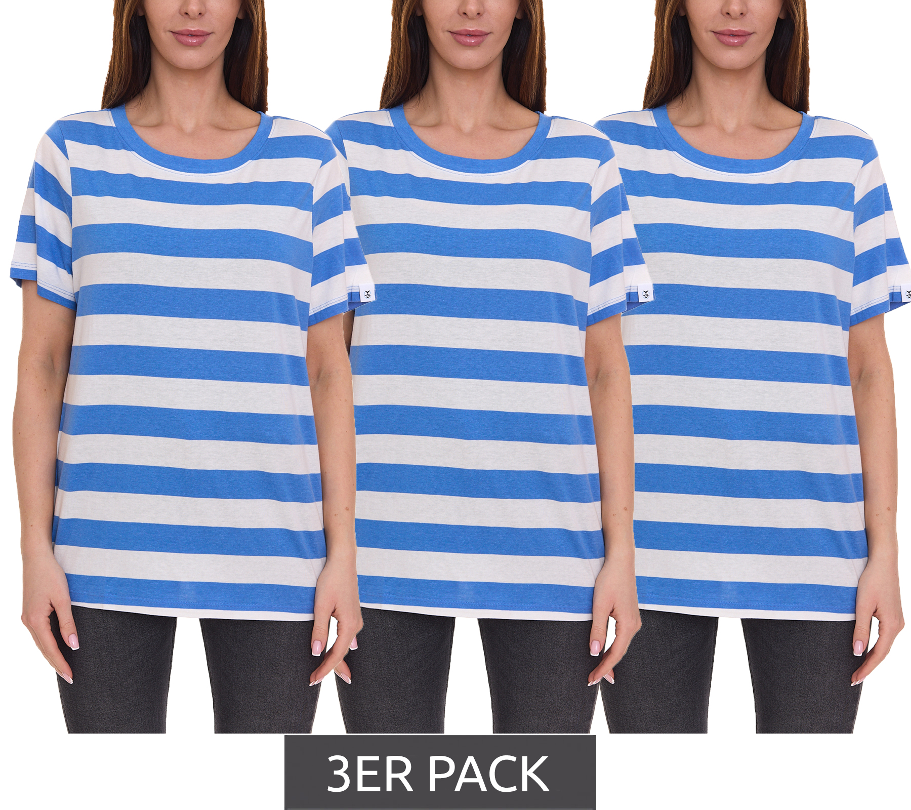 3er Pack DELMAO Damen T-Shirt gestreiftes Rundhals-Shirt 63058126 Blau/Weiß von DELMAO