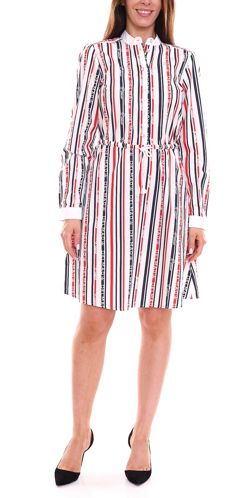 DELMAO Damen Baumwoll-Kleid Mini-Kleid gestreiftes Langarm-Kleid Blusen-Kleid 10440711 Weiß/Blau/Rot von DELMAO