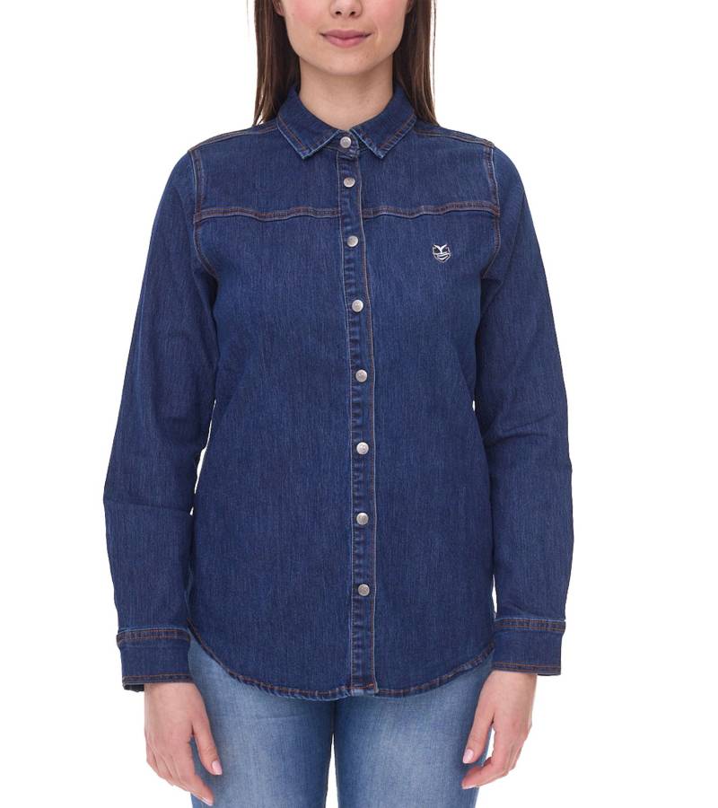 DELMAO Damen Jeans-Bluse Baumwoll-Hemd mit durchgehender Knopfleiste 53461803 Blau von DELMAO