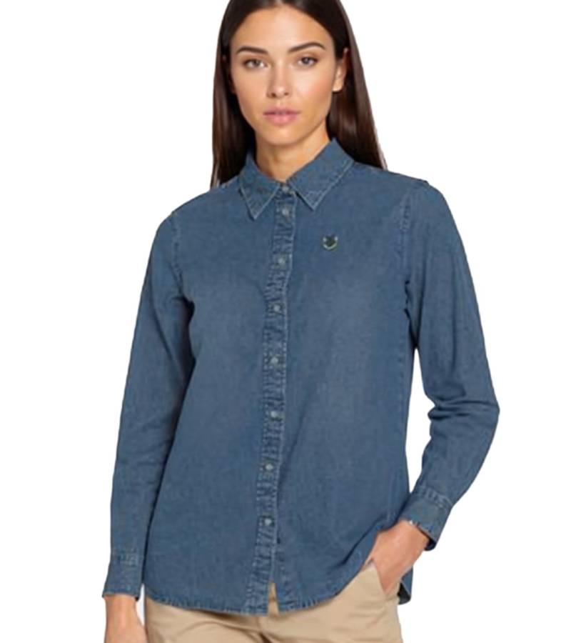 DELMAO Damen Jeans-Bluse Baumwoll-Hemd mit durchgehender Knopfleiste 99855860 Blau von DELMAO
