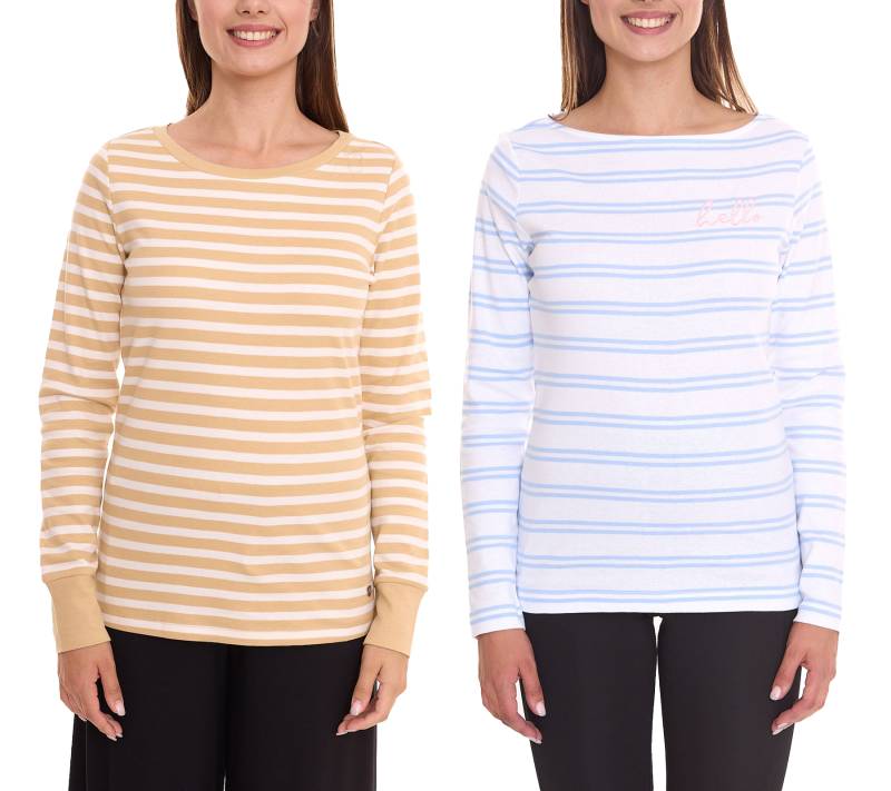 DELMAO Damen Langarm-Shirt gestreiftes Baumwoll-Sweatshirt Blau/Weiß oder Beige/Weiß von DELMAO