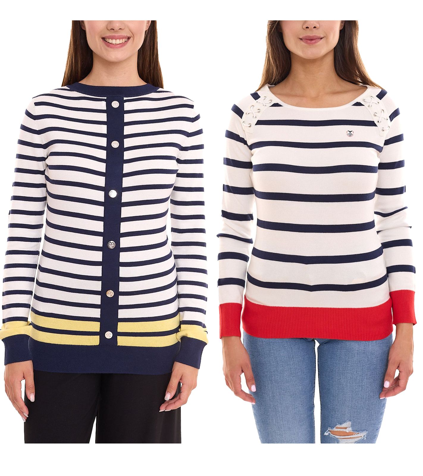 DELMAO Damen Langarm-Shirt gestreiftes Rundhals-Sweatshirt mit Schnürung oder Knöpfen Blau/Weiß/Rot oder Blau/Weiß DELMAO Damen Langarm-Shirt gestreiftes Rundhals-Sweatshirt mit Schnürung oder Knöpfen Blau/Weiß/Rot oder Blau/Weiß von DELMAO