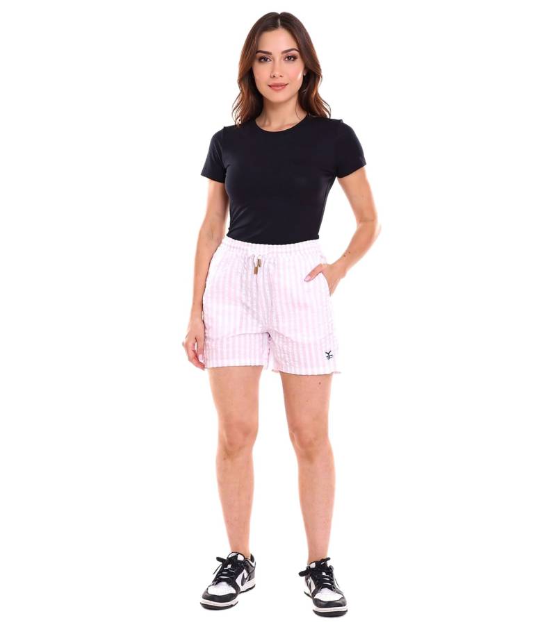 DELMAO Damen Shorts im Streifen-Look kurze Hose mit seitlichen Eingriffstaschen 17017345 Rosa/Weiß von DELMAO