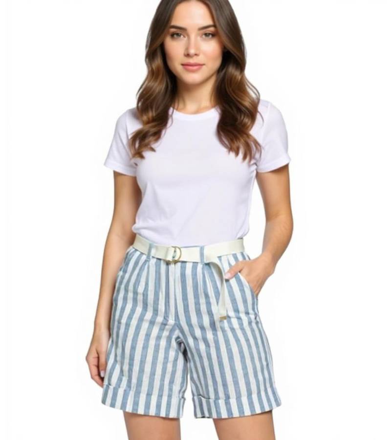 DELMAO Damen Shorts mit Gürtel im Streifen-Look kurze Hose mit seitlichen Eingriffstaschen 82611938 Blau/Weiß von DELMAO