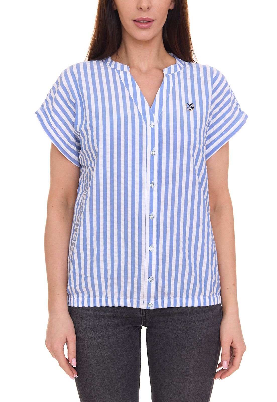 DELMAO Damen Sommer-Bluse gestreift Kurzarm-Bluse Sommer-Shirt 64287360 Blau/Weiß von DELMAO