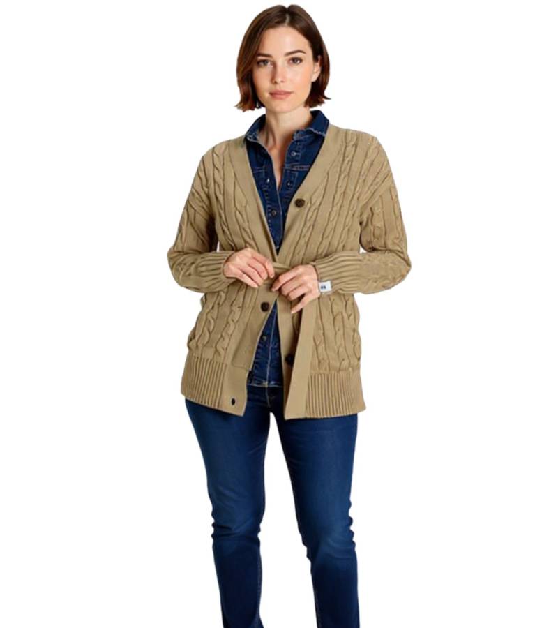 DELMAO Damen Strick-Jacke zeitlose Jacke mit Zopfstrickmuster und Bindeband 82380451 Dunkelbeige von DELMAO