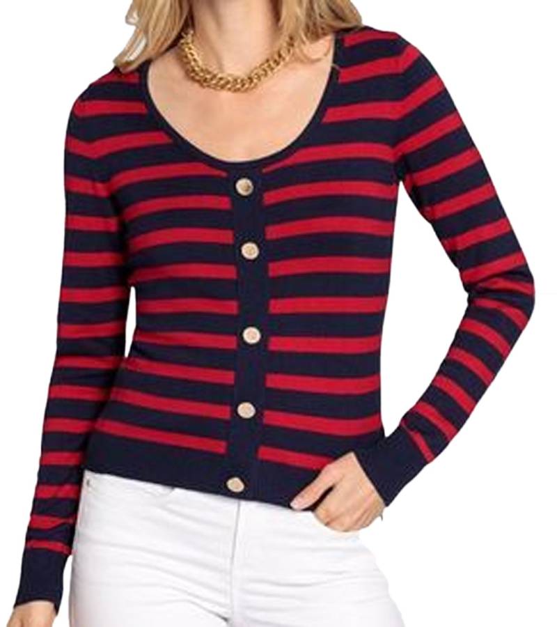 DELMAO Damen Strick-Pullover mit Zierknopfleiste Alltags-Pullover Sweater 23147124 Rot/Dunkelblau von DELMAO