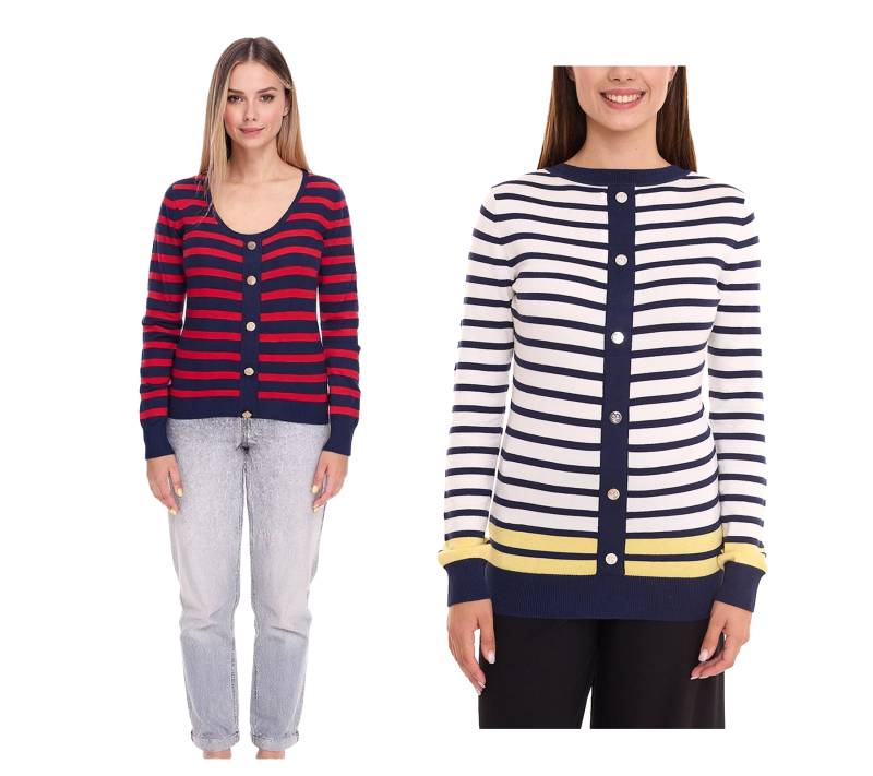 DELMAO Damen Strick-Pullover mit Zierknopfleiste Langarm-Shirt Sweater in Rot/Dunkelblau oder Blau/Weiß von DELMAO
