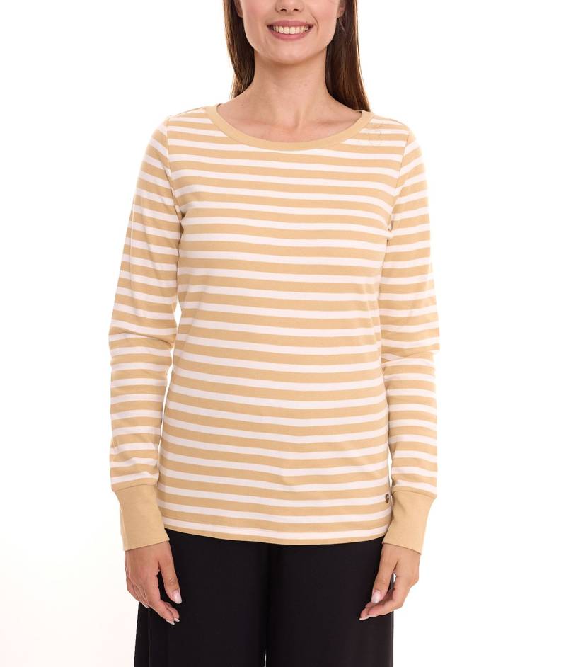 DELMAO Striped Interlock Damen Langarm-Shirt gestreiftes Baumwoll-Longsleeve 60056433 Beige/Weiß von DELMAO