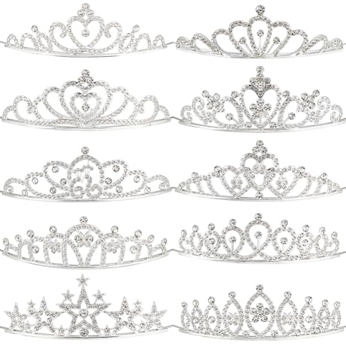 DELORIGIN 10 Stücke Prinzessin Schillernde Strass Tiara Krone Silber Metall Geburtstag Party Prom Braut Hochzeit Stirnbänder Haar Tiaras Kopfschmuck Für Bräute von DELORIGIN