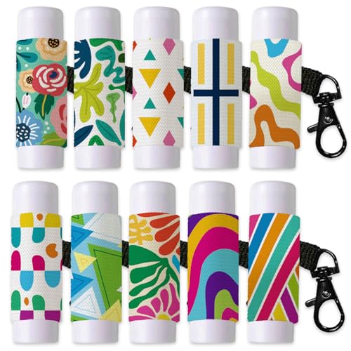 DELORIGIN 10 x Lippenbalsam Schlüsselanhänger Mit Abstrakten Blumen Und Blättern Lippenstifthalter Beutel Zum Anklipsen von Lipgloss Hüllen Mit Metallverschluss Zur Aufbewahrung von Chapstick von DELORIGIN