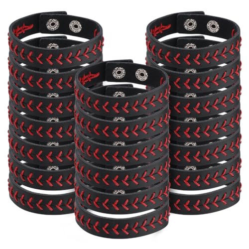 DELORIGIN 20 Stück Baseball Armband Aus PU Leder Verstellbar Softball Basketball Sportarmbänder Für Spieler Sportteams Partygeschenke (Schwarz) von DELORIGIN