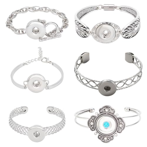 DELORIGIN 6 Stück Schnapp Armreif Armbänder Metall Armband Mit Druckknöpfe Austauschbare Druckknopf Armreif Charms Metall Armband Silber Armband Druckknopf Schmuckkette Für Frauen Herstellung von DIY von DELORIGIN