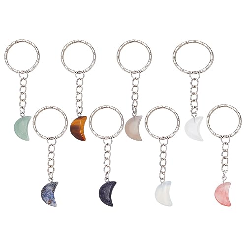DELORIGIN 8pcs Mond Form Kristall Schlüsselanhänger Anhänger, natürliche Edelstein Schlüsselanhänger Mini Edelstein Schlüsselanhänger für Frauen Männer Auto Schlüsselanhänger von DELORIGIN