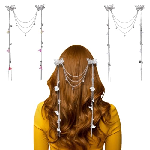 DELORIGIN Haarspange Mit Langer Quaste Blume Schmetterling Haarspangen 3 Stück Silbernes Hochzeits Schmetterlingsblumen Stirnband Perlenkette Haarspange Zubehör Für Mädchen Und Frauen (8 80cm) von DELORIGIN