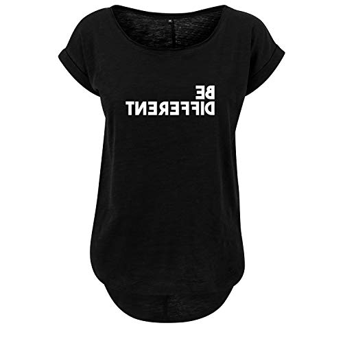 Be Different Damen Long Back Shaped Tshirt lässiges Shirt mit Print Sommer Top (370 B36 Schwarz L) von DELUNO