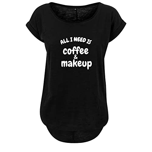 Coffee & Makeup Design Frauen t Shirt Bedruckt mit Statement Print Lang Oversize Kurzarm Top Neu Women lässig Sommer S Schwarz (B36-385-S-Schwarz) von DELUNO