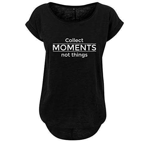 Collect Moments not Things Damen Long Back Shaped Tshirt lässiges Shirt mit Print Sommer Top (350 B36 Schwarz L) von DELUNO