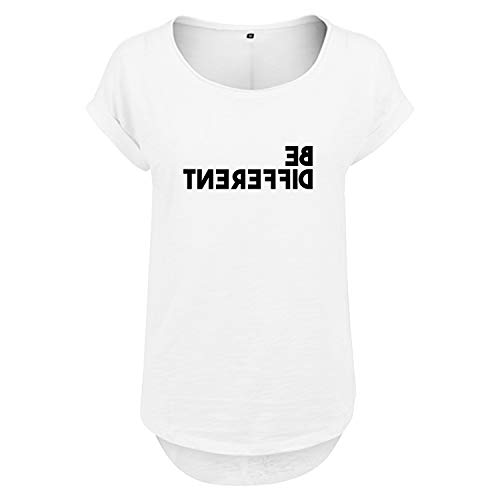 DELUNO Be Different Frauen T Shirt mit Spruch handgefärtigt Oversize Shirt Rundhals Mädchen kurzärmlig (370 B36 Weis M) von DELUNO