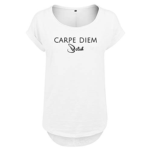 DELUNO Carpe Diem Frauen T Shirt mit Spruch handgefärtigt Oversize Shirt Rundhals Mädchen kurzärmlig (428 B36 Weis M) von DELUNO