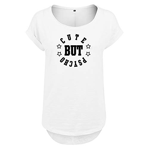 DELUNO Cute but Psycho Frauen T Shirt mit Spruch und modischem Motiv Bedruckt Oberteil für Ladies (344 B36 Weis XL) von DELUNO