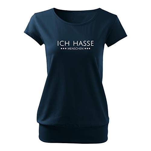 DELUNO Ich Hasse Menschen Frauen T Shirt mit Spruch handgefärtigt Oversize-Shirt Rundhals Mädchen kurzärmlig (437 City Navy M) von DELUNO