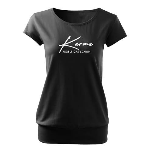 DELUNO Karma regelt Damen Long Back Shaped Tshirt lässiges Shirt mit Print Sommer Top L Schwarz (City-543-L-Schwarz) von DELUNO