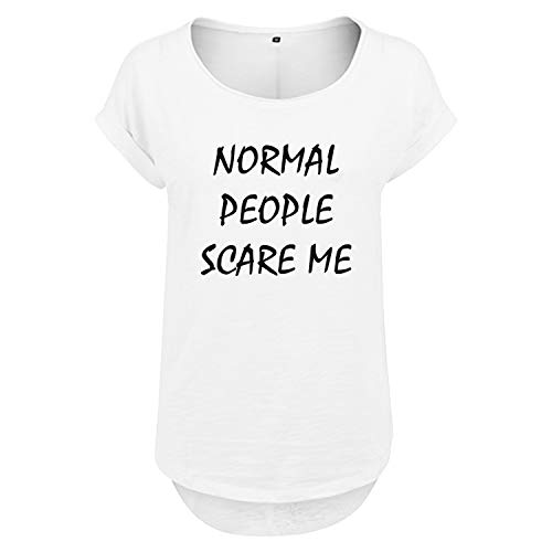 DELUNO Normal People Scare me Frauen T Shirt mit Spruch handgefärtigt Oversize Shirt Rundhals Mädchen kurzärmlig (94 B36 Weis M) von DELUNO