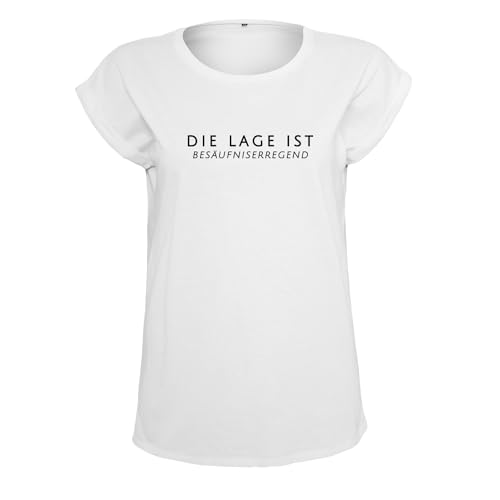 Die Lage ist Besäufniserregend Frauen T Shirt mit Spruch handgefärtigt Oversize-Shirt Rundhals Mädchen kurzärmlig Weis M (B21-540-M-Weiß) von DELUNO