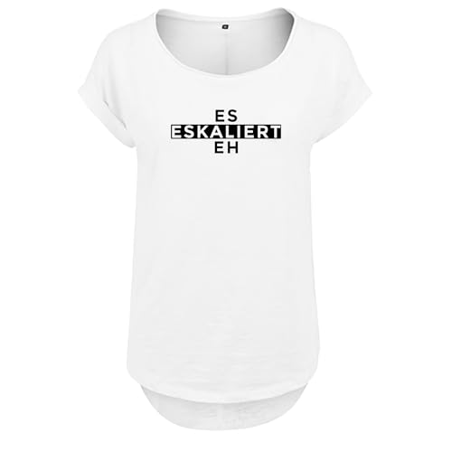 Es eskaliert eh Design Frauen T Shirt mit Spruch handgefärtigt Oversize NEU Shirt Rundhals Mädchen kurzärmlig M Weis (B36-209-1-M-Weiß) von DELUNO