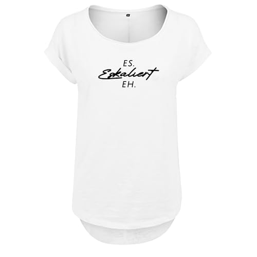 Es eskaliert eh Design Frauen T Shirt mit Spruch handgefärtigt Oversize NEU Shirt Rundhals Mädchen kurzärmlig M Weis (B36-212-4-M-Weiß) von DELUNO