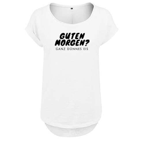 Guten Morgen ganz dünnes EIS Design Frauen T Shirt mit Spruch handgefärtigt Oversize NEU Shirt Rundhals Mädchen kurzärmlig M Weis (B36-220-4-M-Weiß) von DELUNO