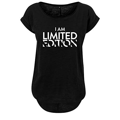I am Limited Edition Ladies Fashion Shirt lang und weit geschnittten Hinterer Schnitt Länger mit Motiv (406 B36 Schwarz XL) von DELUNO