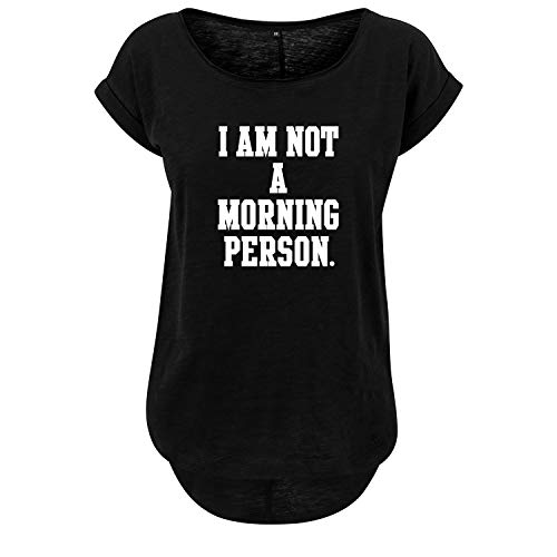 I am not a Morning Person Damen Long Back Shaped Tshirt lässiges Shirt mit Print Sommer Top (345 B36 Schwarz L) von DELUNO