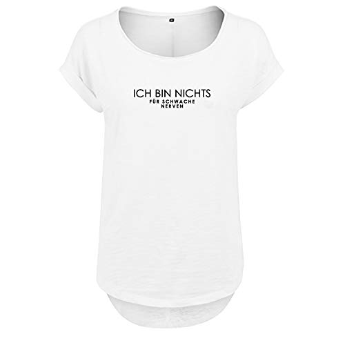 Vokuhila Oversize Damen T-Shirt: Ich Bin Nichts für schwache Nerven - Hinten länger, 100% Baumwolle - Farbe: Weiß - Größe: L von DELUNO