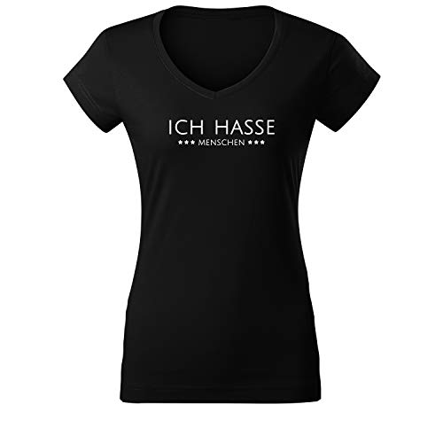 Ich Hasse Menschen Damen Sommer Rundhals V Neck Top tailliertes Single Jersey Shirt mit Spruch (437 Vneck Schwarz M) von DELUNO