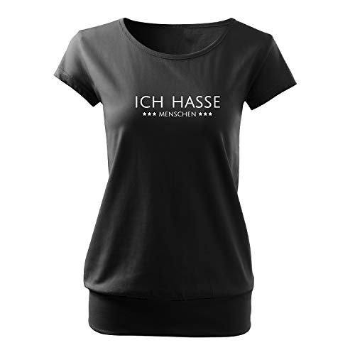 Ich Hasse Menschen Damen Sommer Rundhals mit engem Saum tailliertes Single Jersey Shirt mit Spruch (437 City Schwarz M) von DELUNO