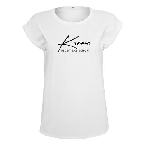 Karma regelt das Frauen T Shirt mit Spruch handgefärtigt Oversize-Shirt Rundhals Mädchen kurzärmlig Weis M (B21-543-M-Weiß) von DELUNO