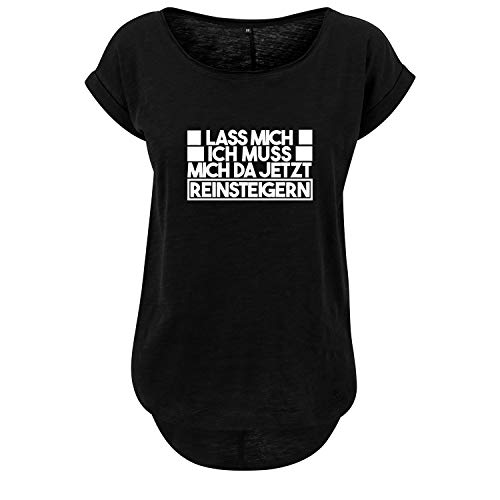 Lass Mich ich muss Mich da Reinsteigern Damen Long Back Shaped Tshirt lässiges Shirt mit Print Sommer Top (352 B36 Schwarz L) von DELUNO