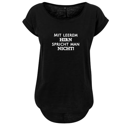 Mit leerem hirn spricht Man Nicht Design Damen Long Back Shaped Tshirt lässiges Shirt mit neuem Print Sommer Top L Schwarz (B36-538-L-Schwarz) von DELUNO