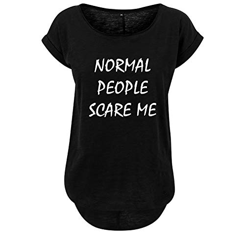 Normal People Scare me Damen Long Back Shaped Tshirt lässiges Shirt mit Print Sommer Top (94 B36 Schwarz L) von DELUNO