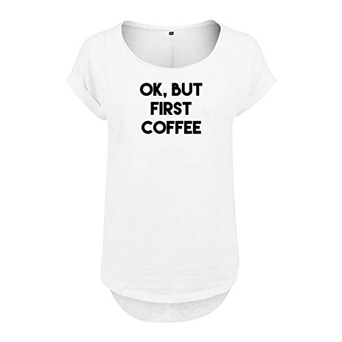 Ok but First Coffee Design Cooles Frauen Tshirt mit Druck Short Sleeve NEU Top Sommer Freizeit Kurzarm S Weis (B36-87-S-Weiß) von DELUNO