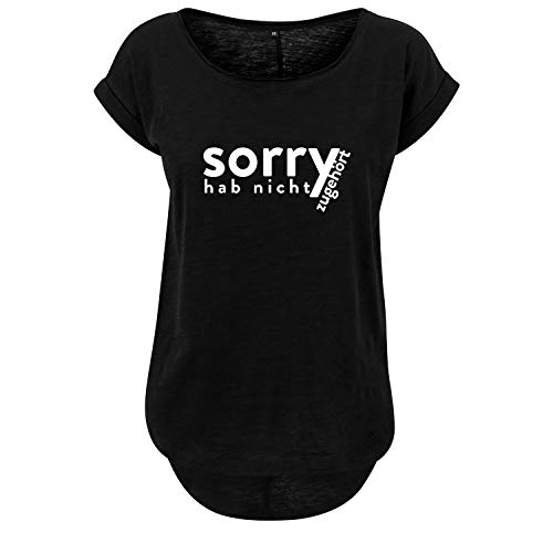 Sorry hab Nicht zugehört Frauen t Shirt Bedruckt mit Statement Print lang Oversize Kurzarm Top Women lässig Sommer (403 B36 Schwarz S) von DELUNO